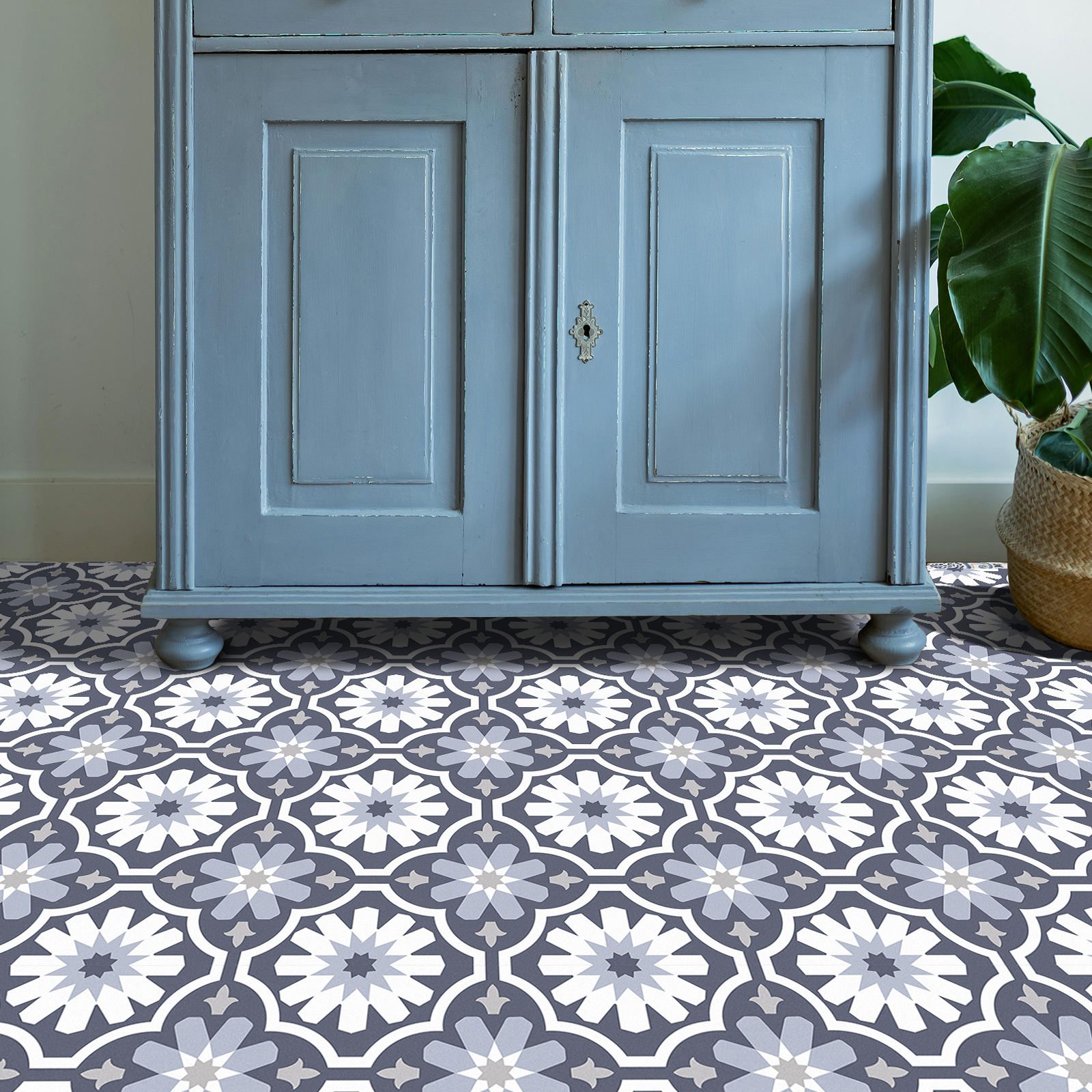 Purple and white Moroccan self-adhesive floor tile, decorative pattern