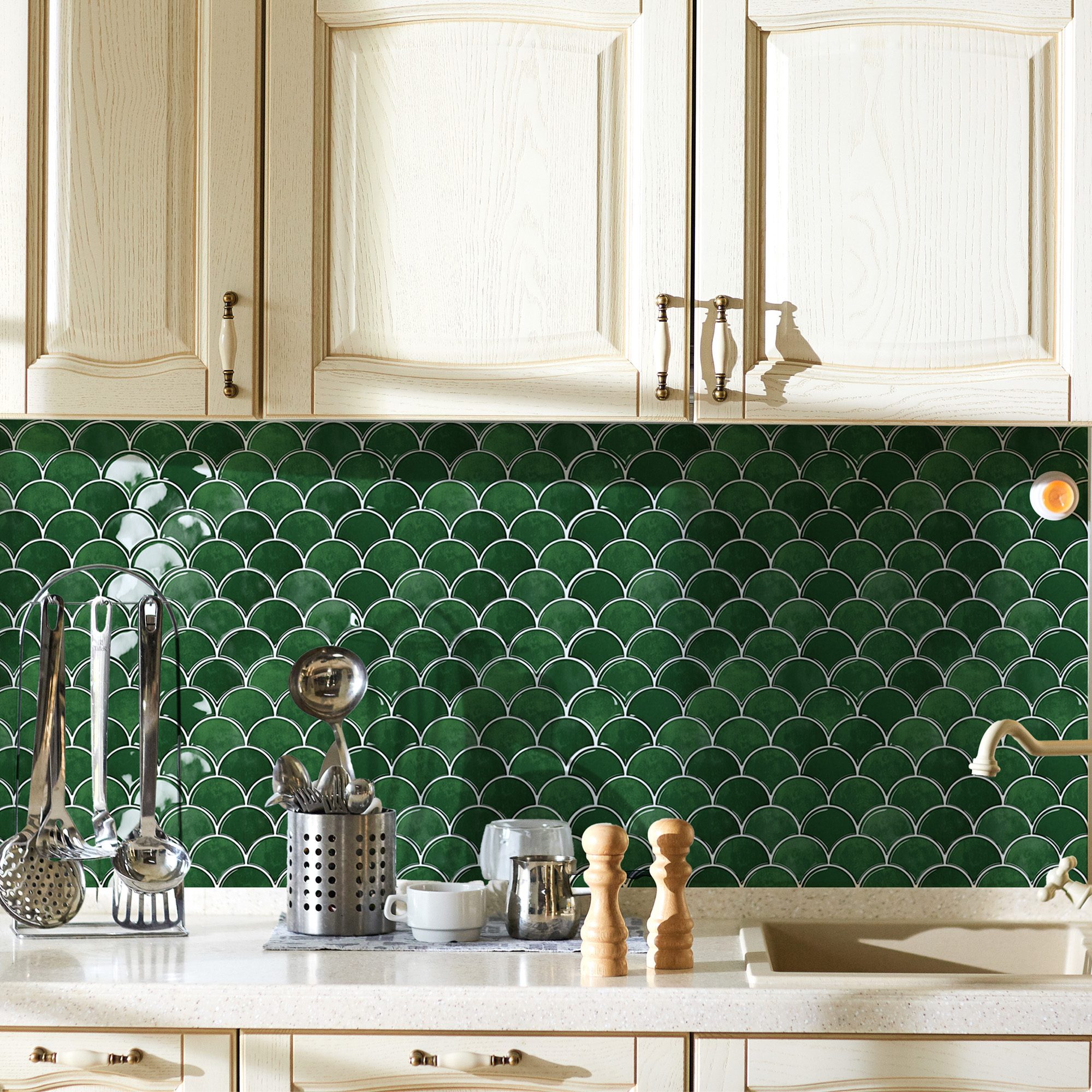 Green Peel and Stick Backsplash Fish Scale Tile